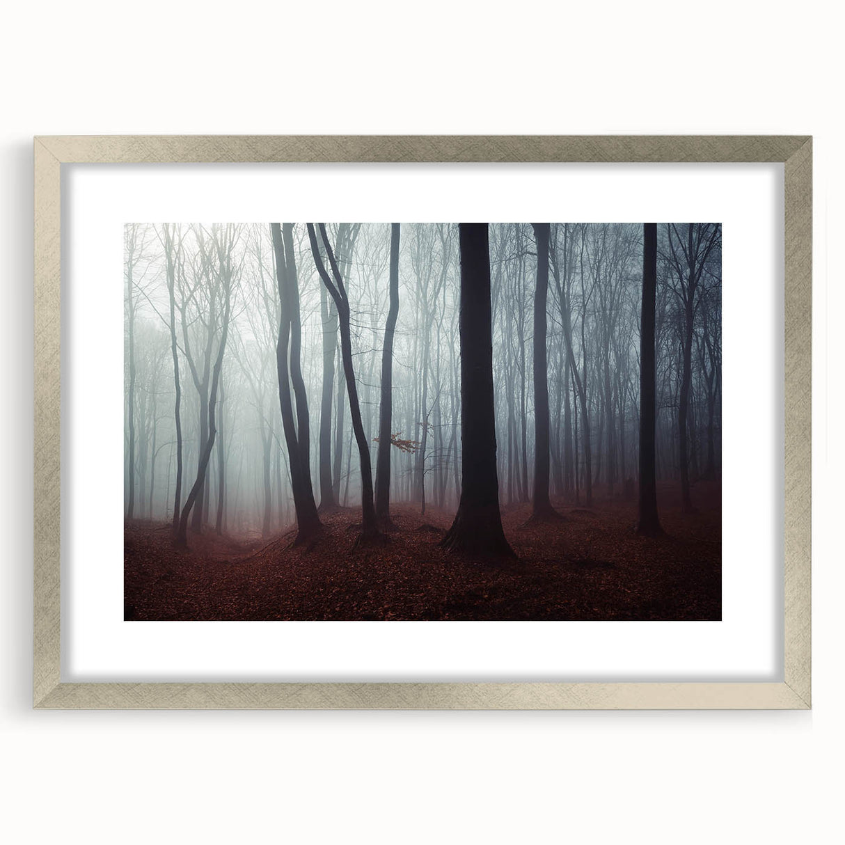 Framed wall art featuring a serene misty landscape design in a silver frame with a white mat, perfect for enhancing modern home decor. The artwork evokes a calm atmosphere, ideal for living rooms or offices.