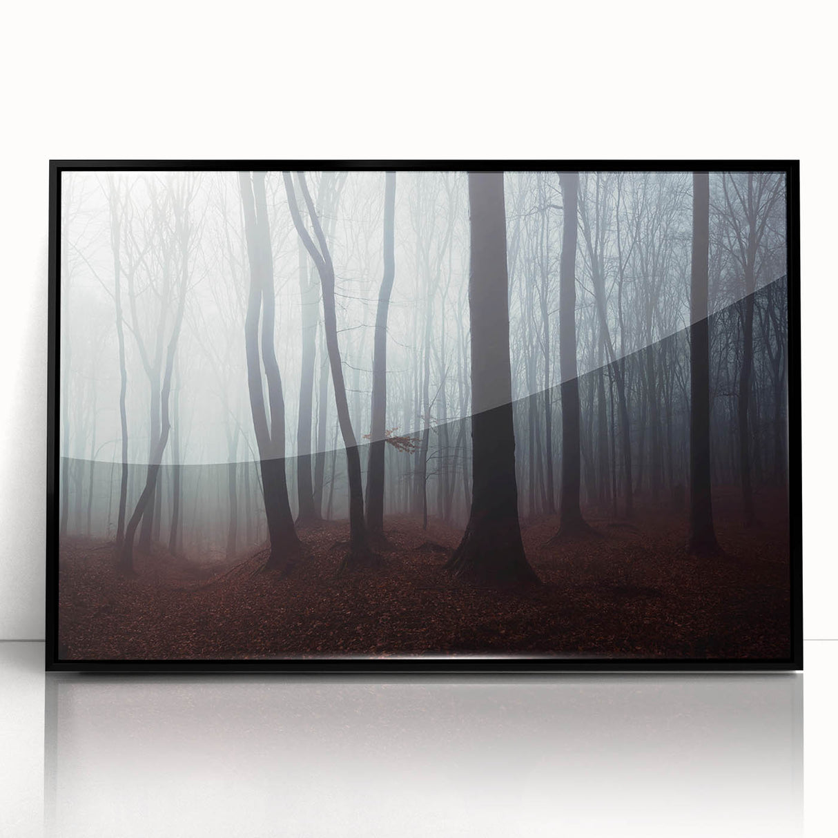 Framed acrylic wall art featuring a misty landscape design, showcasing soft gray and blue hues, ideal for modern home decor. Perfect for adding a serene touch.
