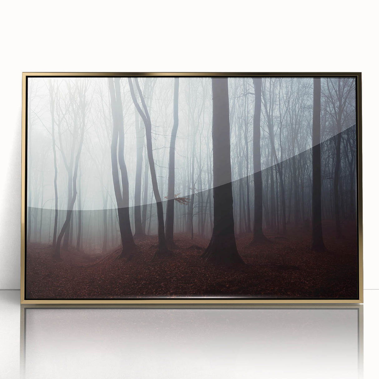 Framed acrylic wall art depicting a serene landscape shrouded in mist, featuring soft gold accents and a modern design, ideal for home decor.