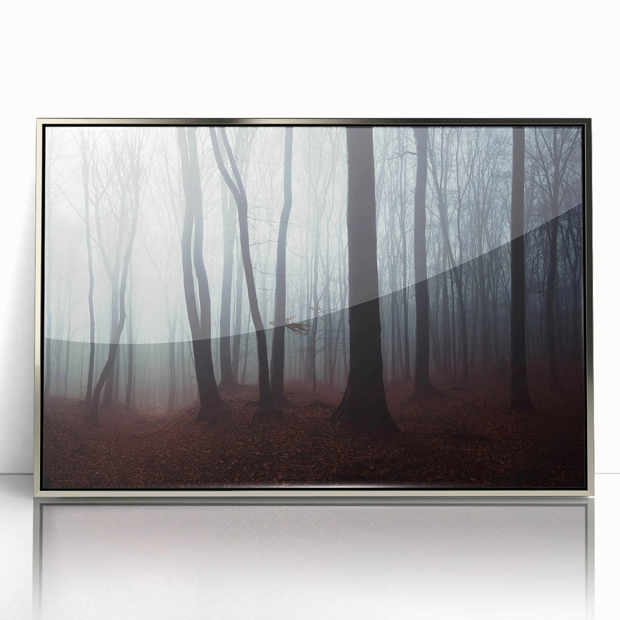 Framed acrylic wall art featuring a misty landscape design in soft silver tones, perfect for enhancing modern home decor and creating a tranquil atmosphere.