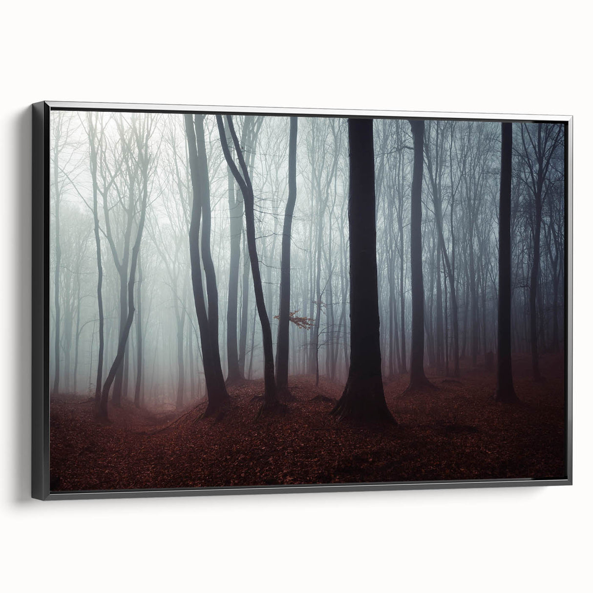 Framed canvas wall art showcasing a misty landscape design with soft fog, featuring a black frame and side view, perfect for modern home decor.
