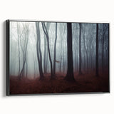 Framed canvas wall art showcasing a misty landscape design with soft fog, featuring a black frame and side view, perfect for modern home decor.