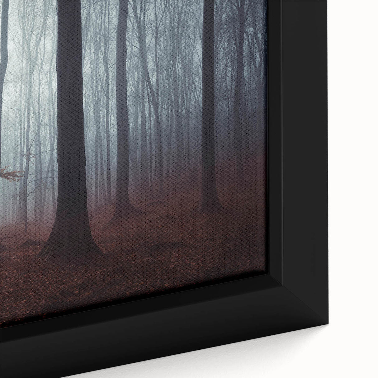 Close-up of a framed canvas artwork showcasing a serene landscape design with mist and fog, perfect for home decor, enhancing tranquility and elegance.