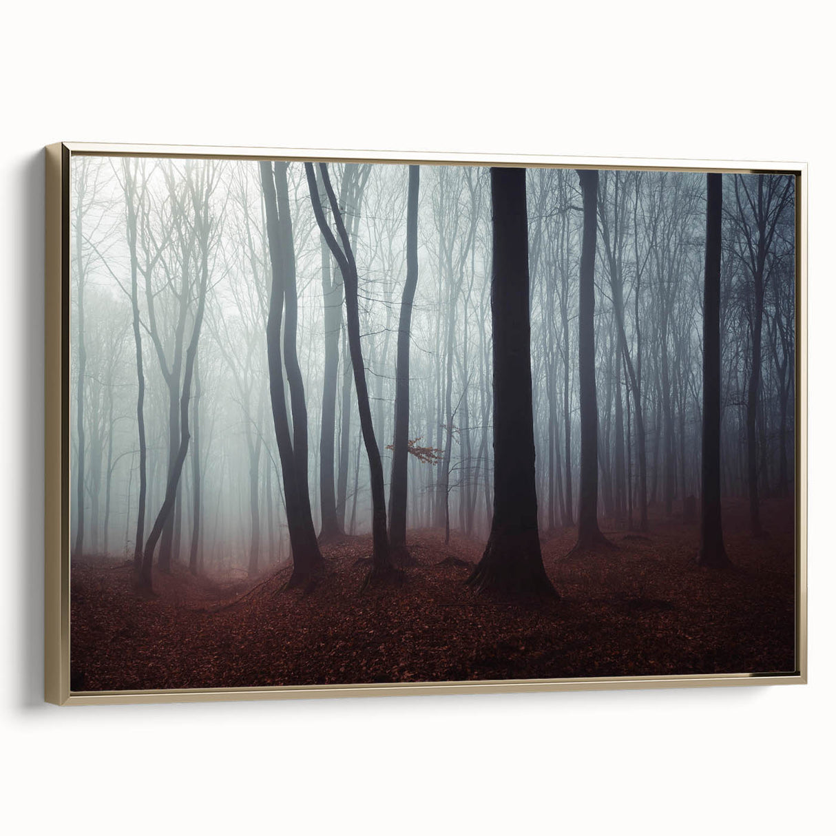 Framed canvas wall art featuring a serene landscape design with misty fog, elegantly bordered in gold, showcasing a tranquil atmosphere perfect for home decor.