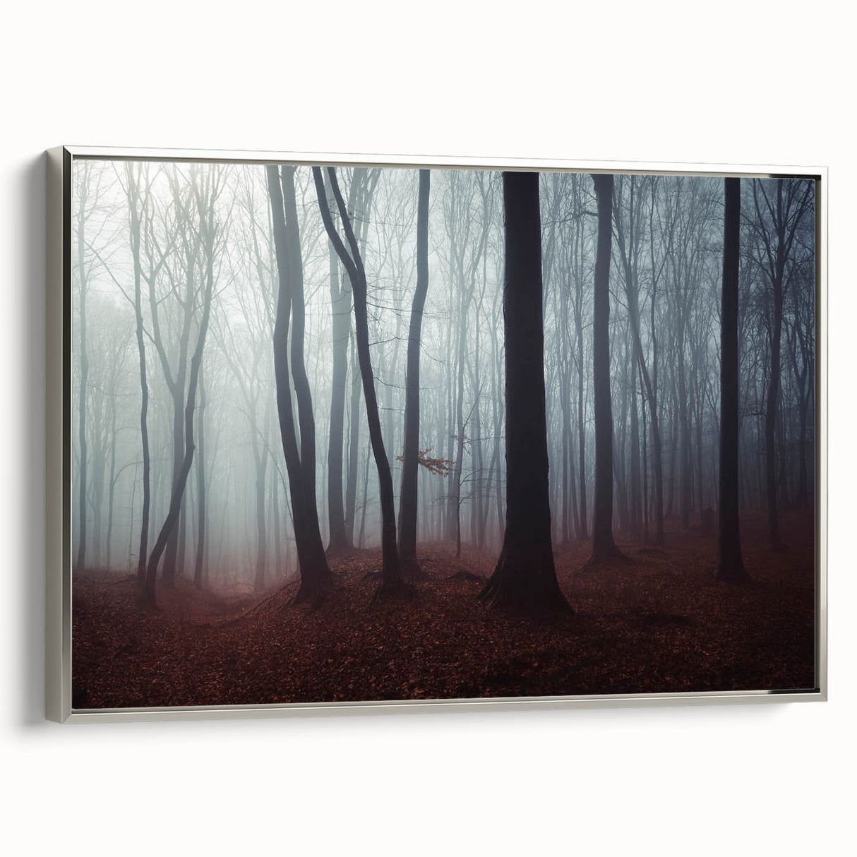 Framed canvas wall art showcasing a serene landscape design with mist and fog, featuring a silver frame and side view, ideal for enhancing home decor.