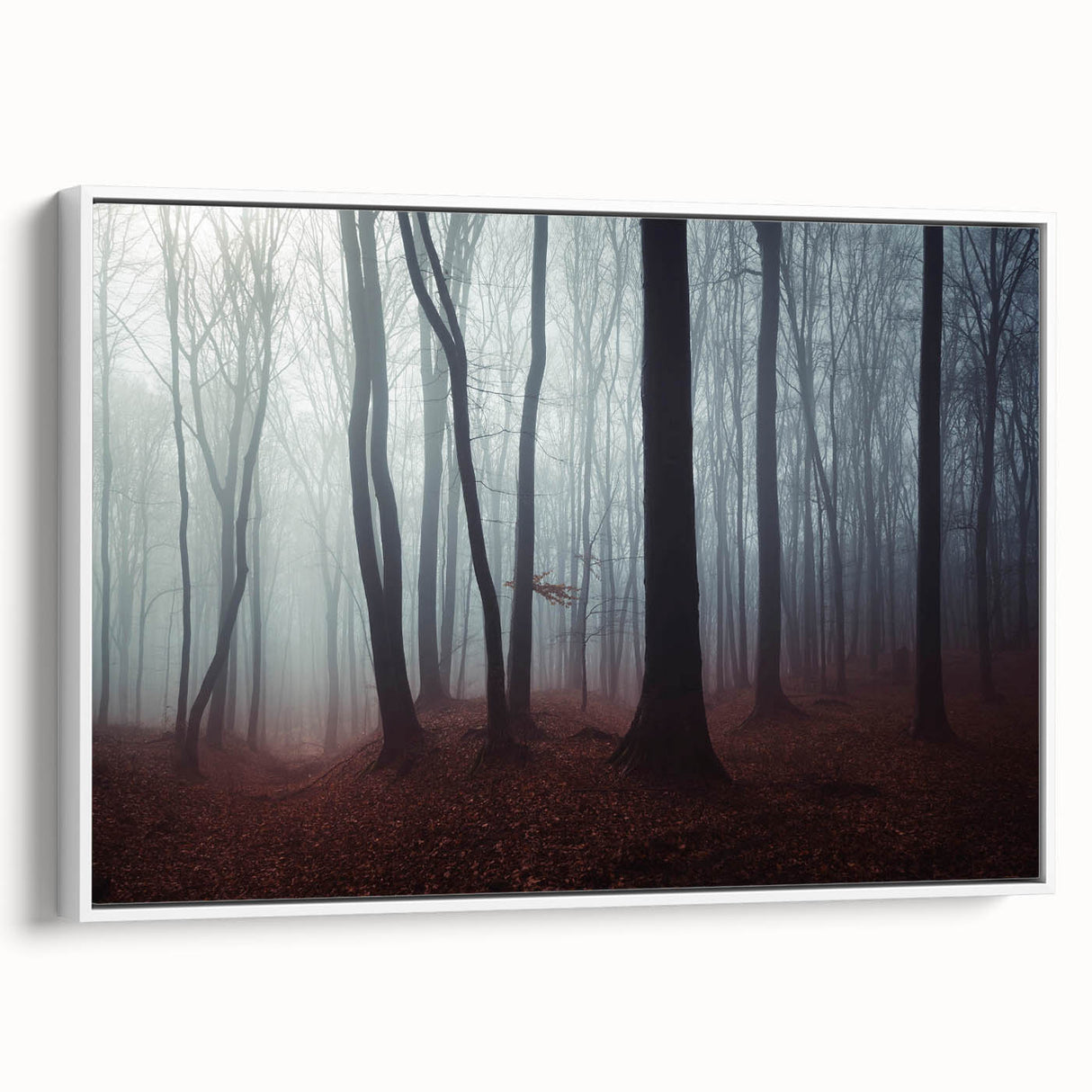 Framed wall art featuring a serene landscape design with mist and fog, set in a white frame, showcasing calming colors ideal for home decor.