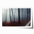 Rolled print of a misty landscape featuring soft hues of gray and blue, elegantly designed for wall decor, showcasing serene natural beauty and tranquility.