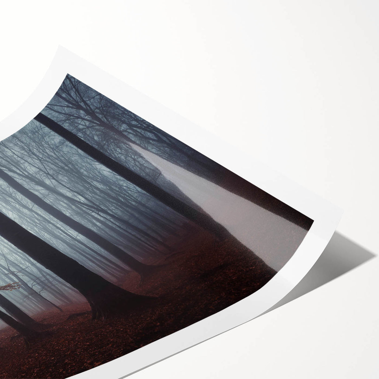 Rolled print of a misty landscape wall art design featuring soft gray and blue hues, ideal for modern home decor and enhancing serene indoor spaces.