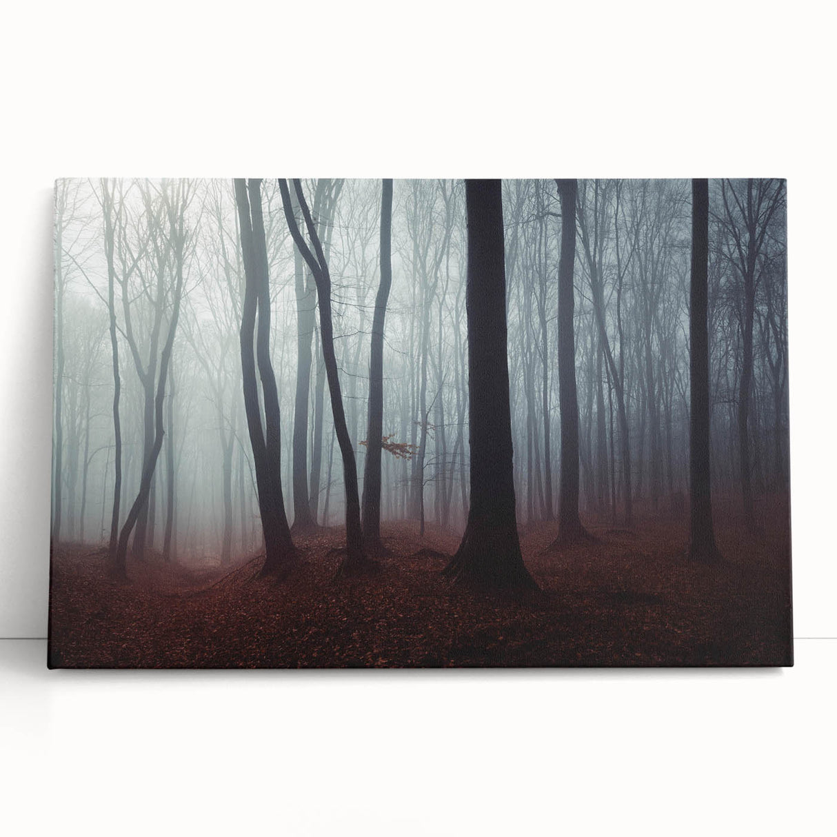 Stretched canvas wall art showcasing a serene misty landscape with soft hues of blue and gray, perfect for adding a tranquil touch to home decor.