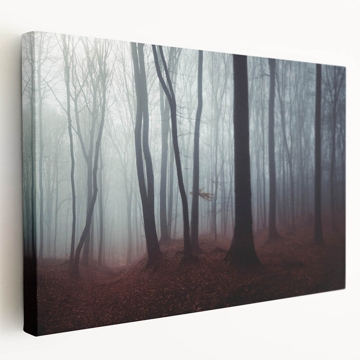 Stretched canvas wall art showcasing a serene landscape design with mist and fog, featuring soft color gradients and a tranquil ambiance, ideal for home decor.