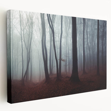 Stretched canvas wall art showcasing a serene landscape design with mist and fog, featuring soft color gradients and a tranquil ambiance, ideal for home decor.