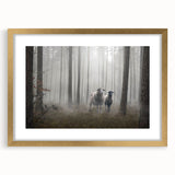 Elegant wall art featuring a serene landscape design with mist and fog, framed in gold, perfect for adding a sophisticated touch to home decor.
