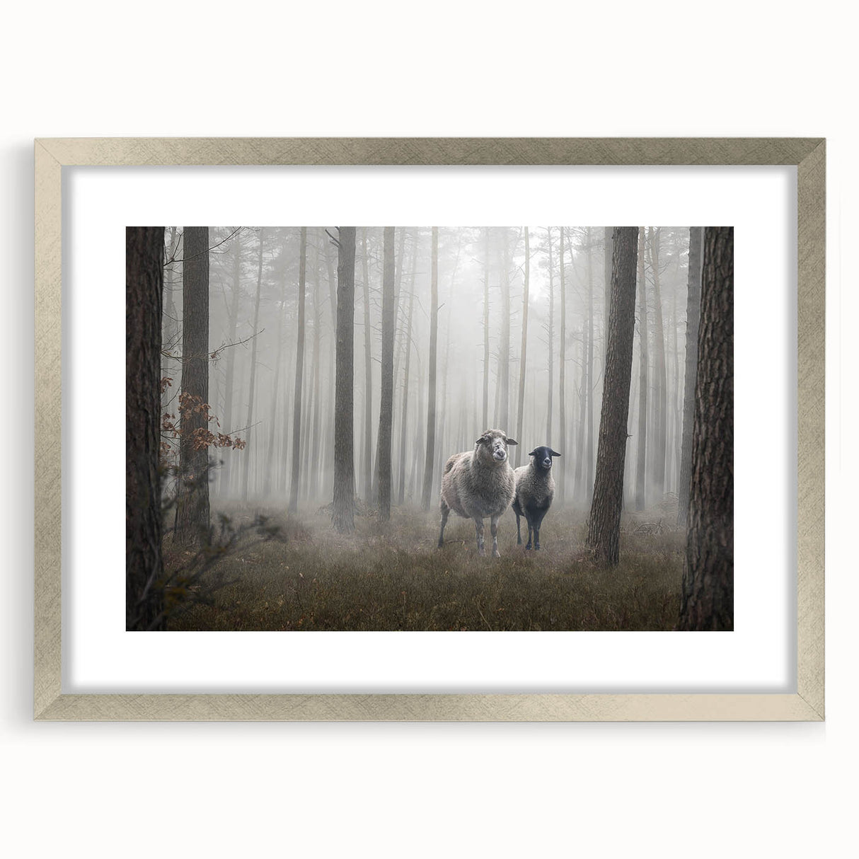 Framed wall art featuring a serene landscape design with mist and fog, presented in a stylish silver frame with a mat, ideal for enhancing home decor.