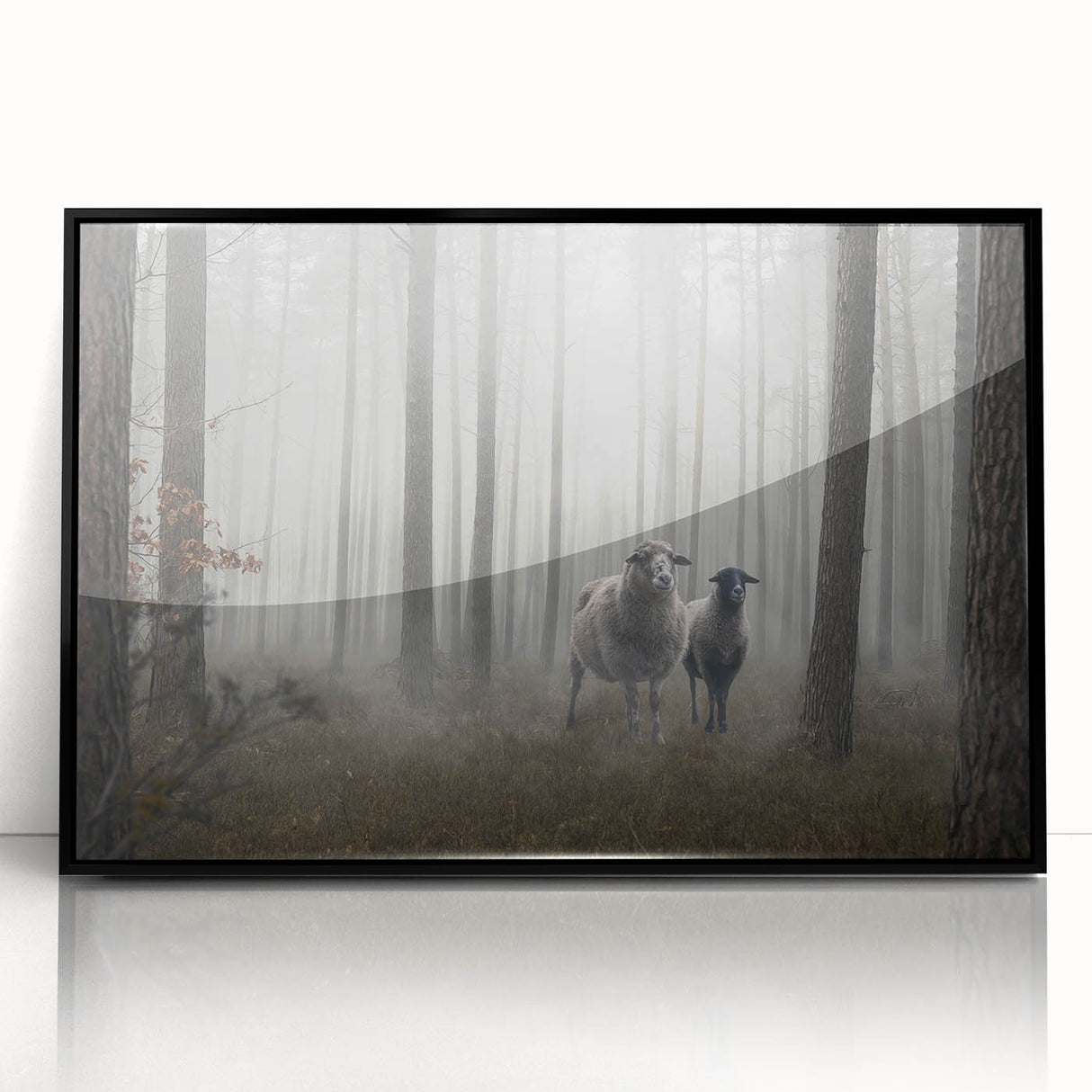 Framed acrylic wall art from the Landscapes Mist & Fog collection, featuring a serene foggy landscape in muted colors, set against a sleek black frame for a modern touch.