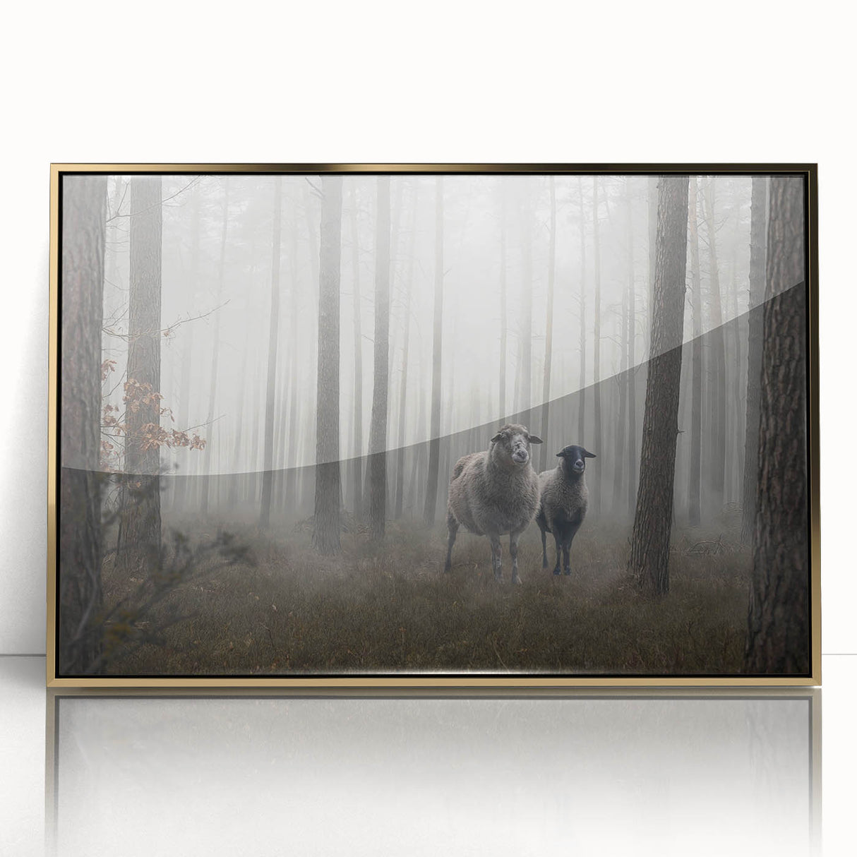 Framed acrylic wall art showcasing a serene misty landscape in soft hues of blue and gray, accented with elegant gold trim, perfect for modern decor.