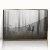 Framed acrylic wall art showcasing a serene misty landscape in soft hues of blue and gray, accented with elegant gold trim, perfect for modern decor.