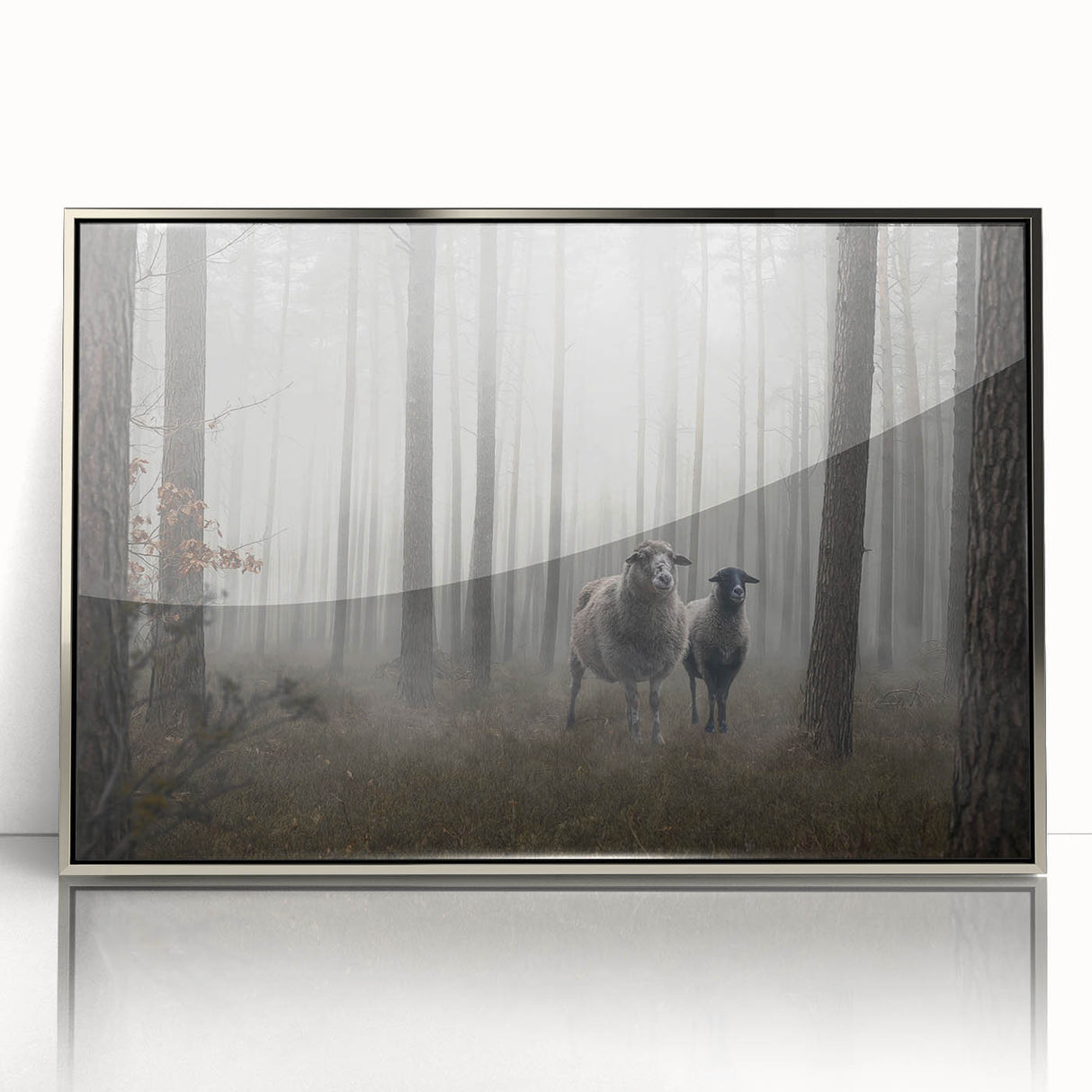 Framed acrylic wall art showcasing a serene landscape design with mist and fog, featuring a silver frame that enhances the tranquil atmosphere and is perfect for modern decor.