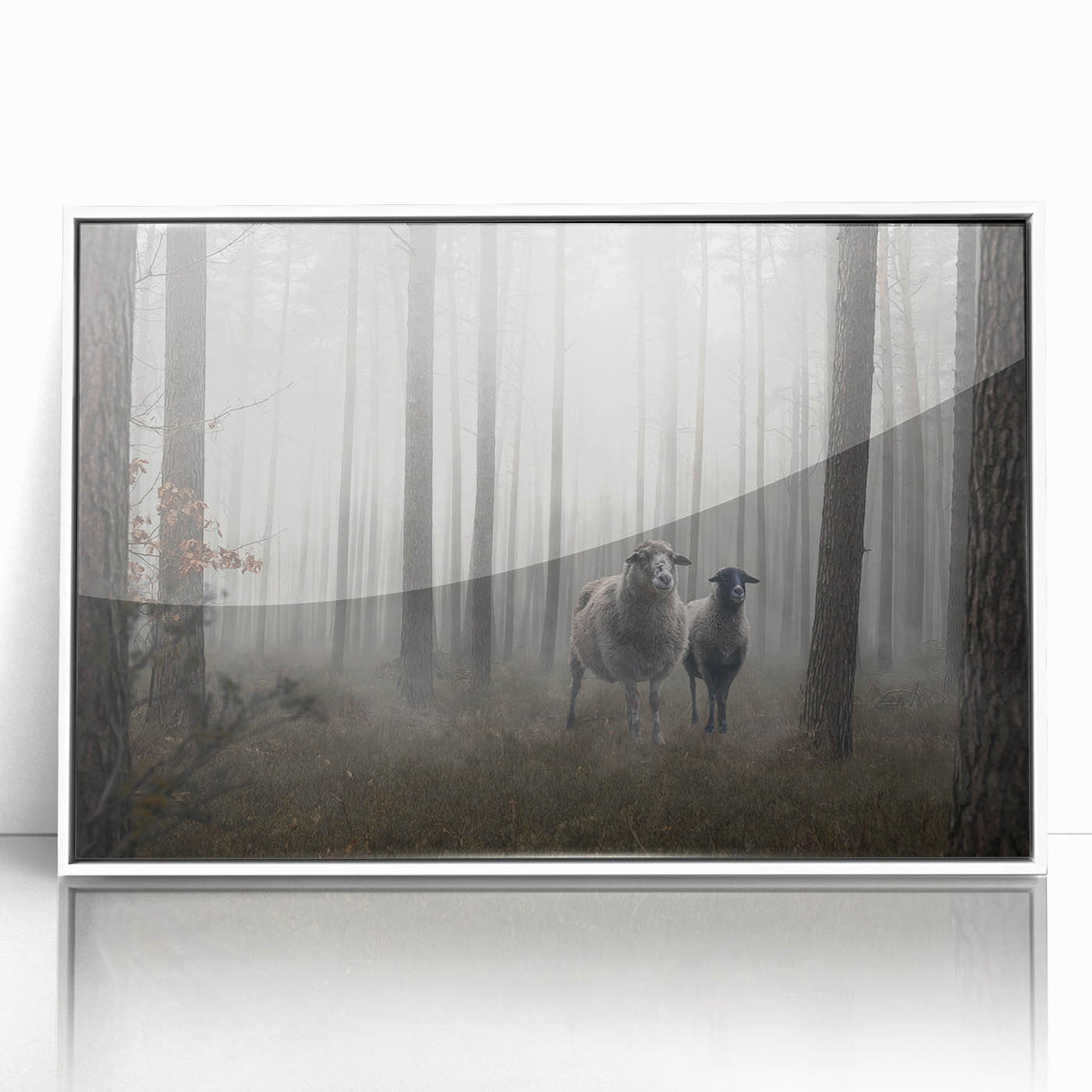 Framed acrylic wall art showcasing a serene misty landscape design, with soft hues of gray and white, presented in a sleek white frame for contemporary decor.