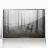 Framed acrylic wall art showcasing a serene misty landscape design, with soft hues of gray and white, presented in a sleek white frame for contemporary decor.