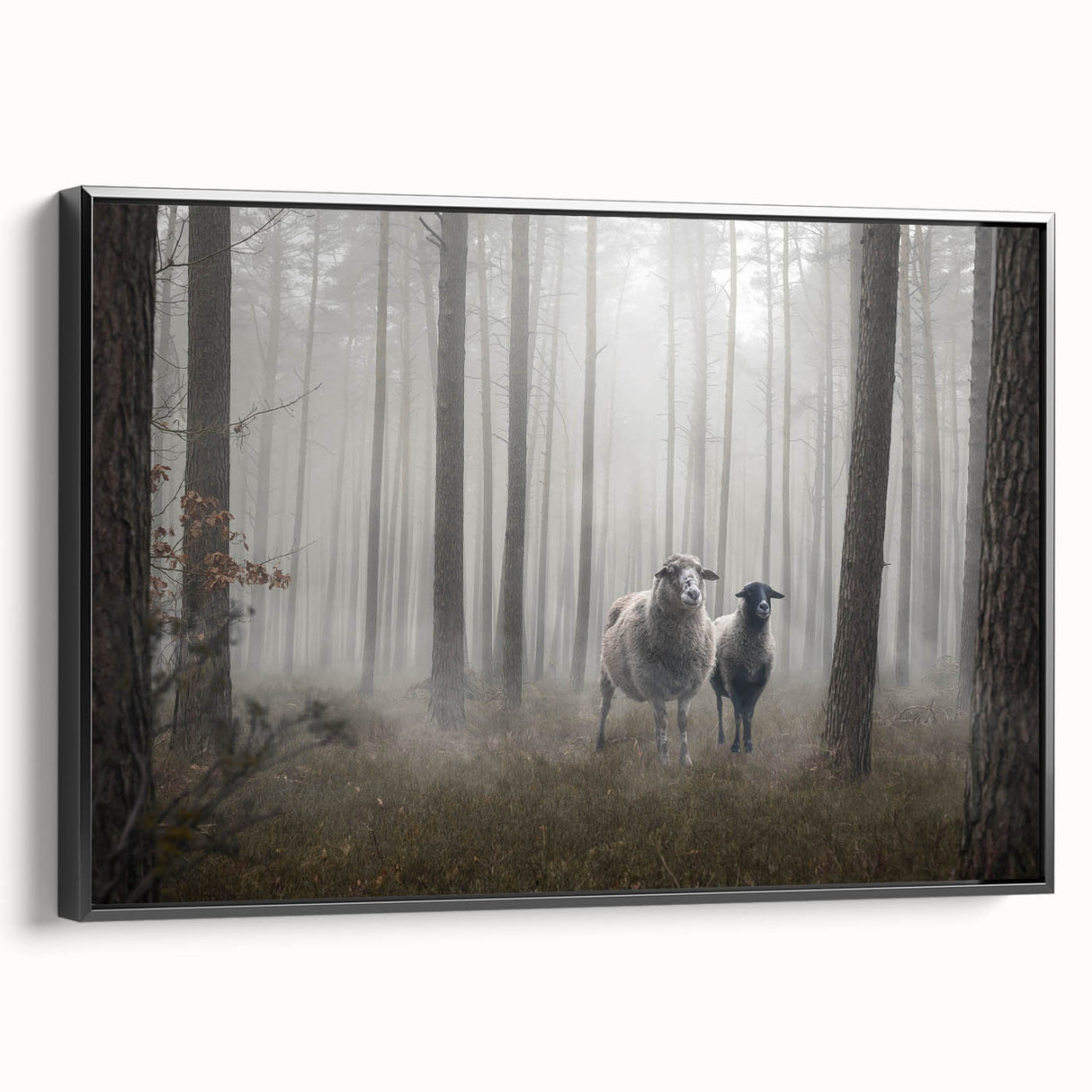 Framed canvas wall art showcasing a serene landscape design with mist and fog, featuring a black frame and side view that emphasizes its elegant presentation. Perfect for enhancing home decor with a touch of tranquility.