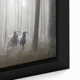 Close-up of a framed canvas featuring a serene landscape design, showcasing misty fog enveloping rolling hills in soft pastel colors, perfect for home decor.