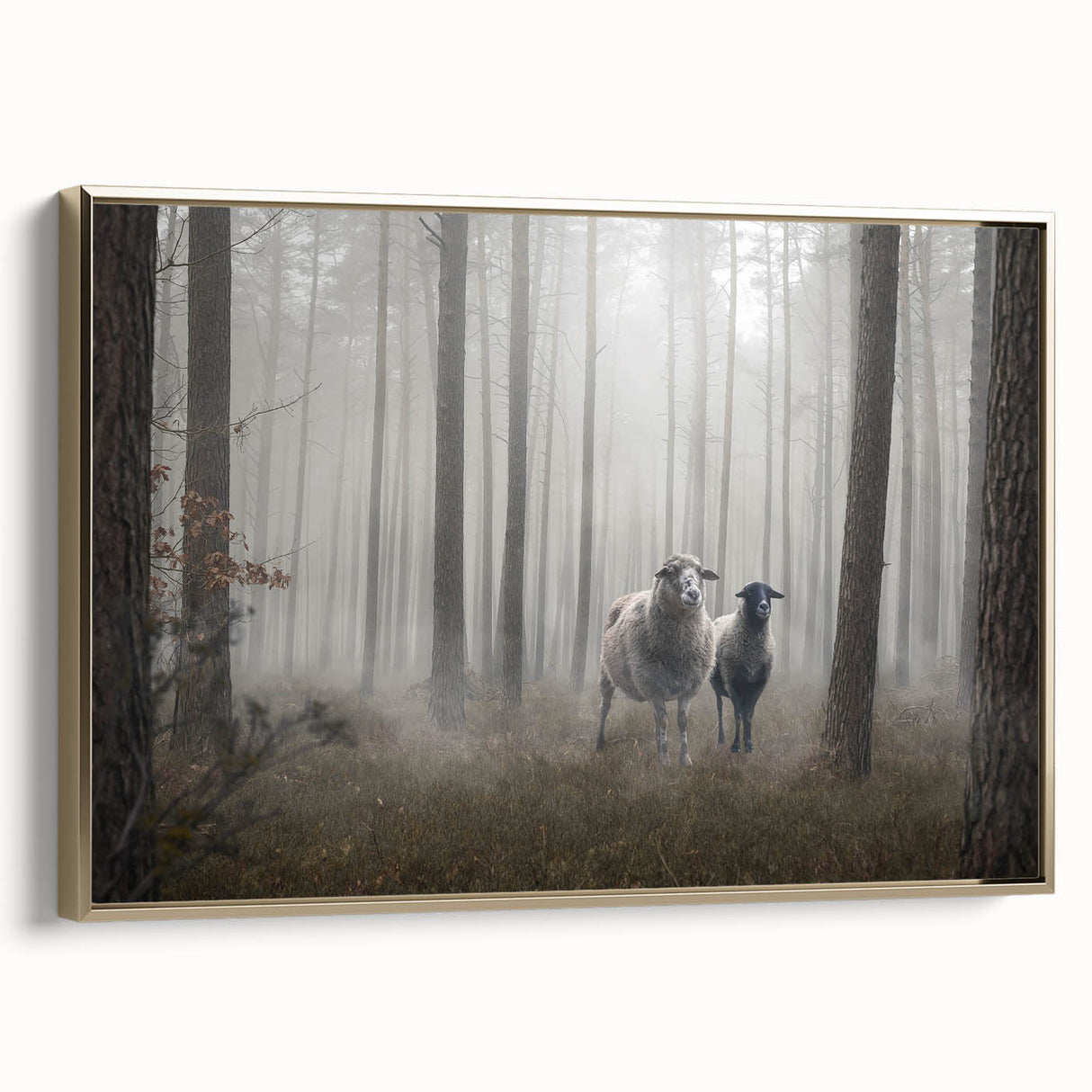 Framed canvas wall art showcasing a serene landscape design with mist and fog, featuring a gold frame. Ideal for enhancing home decor with a calming aesthetic.
