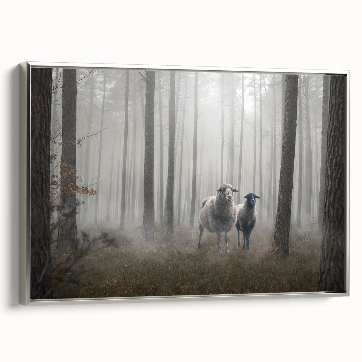 Framed wall art canvas showcasing a serene landscape with mist and fog, featuring a silver frame and side view, ideal for modern home decor.