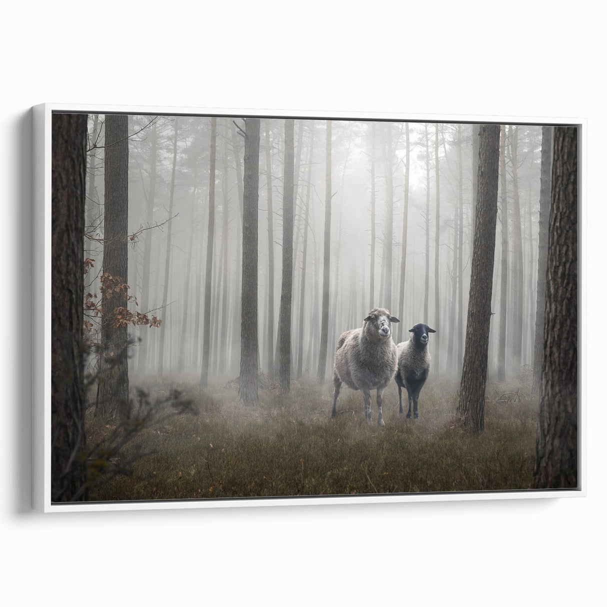 Framed wall art showcasing a serene landscape with mist and fog, featuring soft color gradients and a sleek white frame, perfect for home decor enhancement.
