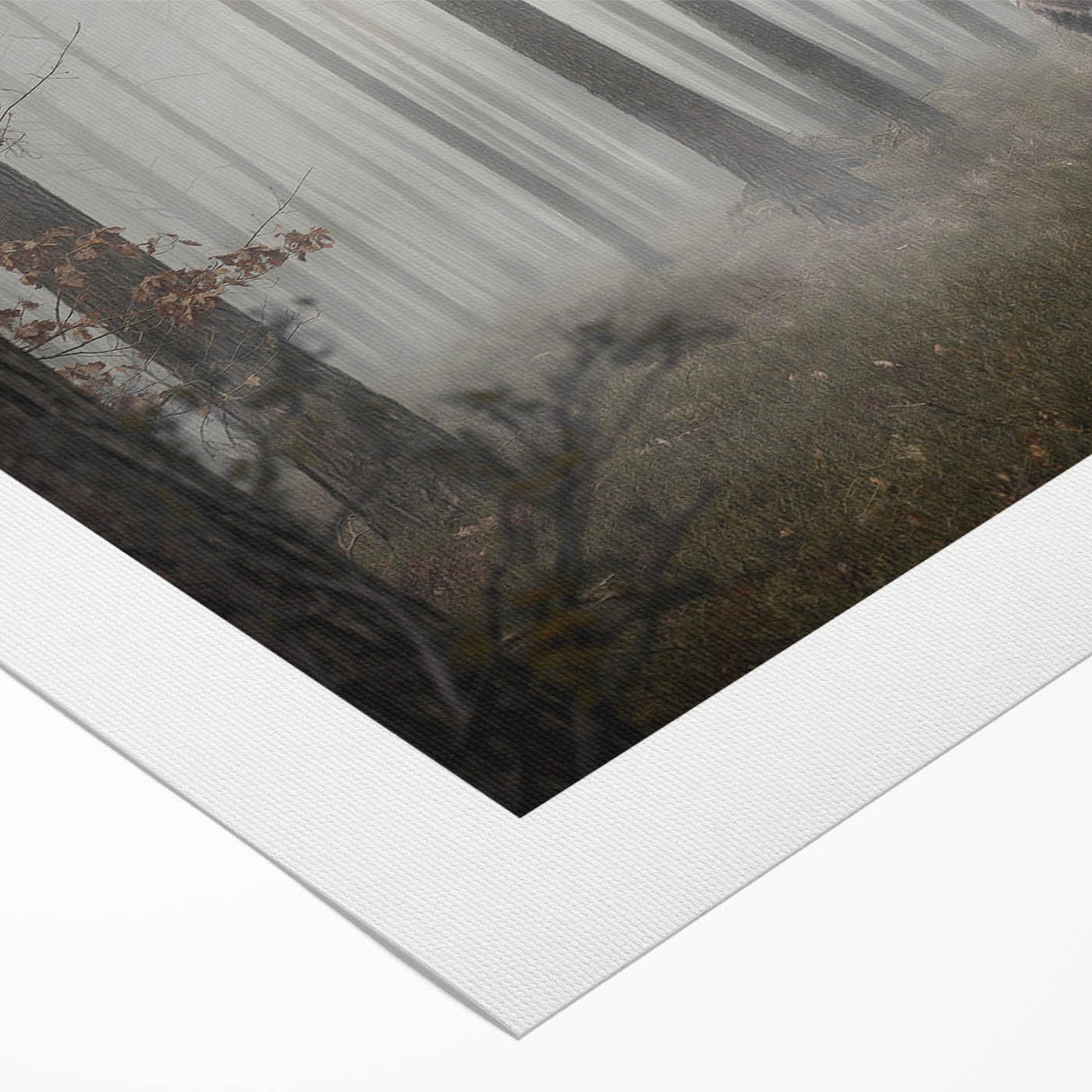 Serene landscape wall art featuring misty fog enveloping a forest, printed on high-quality rolled canvas for a calming atmosphere in any room.