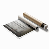 Rolled print of serene landscape art featuring misty mountains and fog, perfect for home decor. Artwork showcases calming colors and intricate details, enhancing any space.