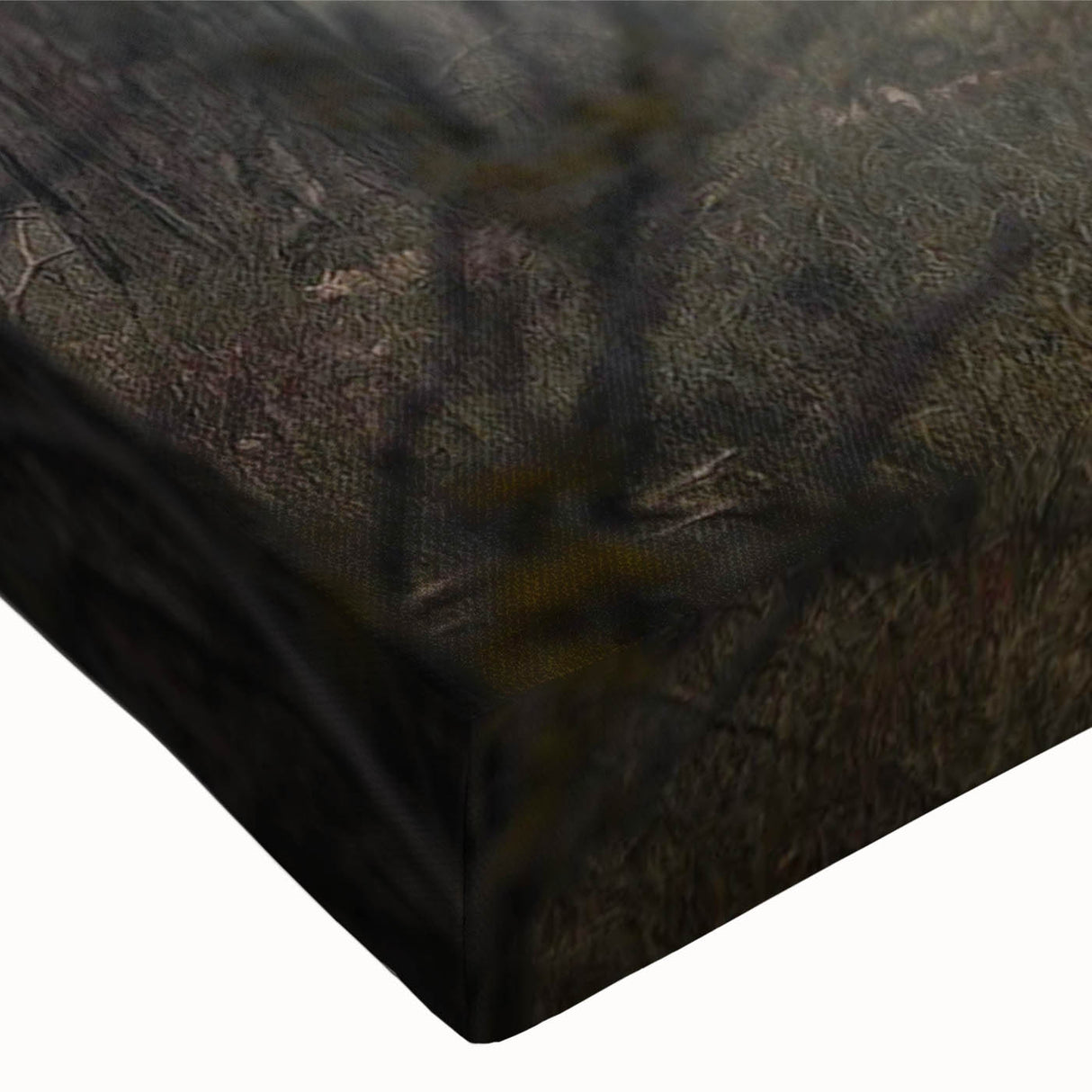Close-up of a stretched canvas artwork showcasing a misty landscape design with soft hues of gray and blue, ideal for home decor and interior design enhancement.