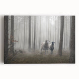 Stretched canvas wall art featuring a serene landscape design with mist and fog, showcasing lush green trees and soft, muted colors. Perfect for enhancing any living space with a calming atmosphere.