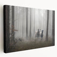 Stretched canvas wall art showcasing a serene landscape of misty mountains and fog, exhibiting soft pastel colors and a tranquil ambiance, ideal for home decor.