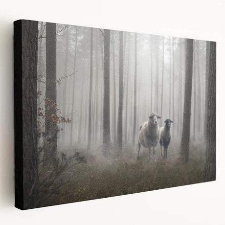 Stretched canvas wall art showcasing a serene landscape of misty mountains and fog, exhibiting soft pastel colors and a tranquil ambiance, ideal for home decor.