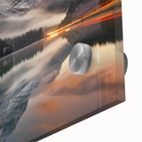 Close-up of a foggy landscape wall art design featuring soft gray and green tones, printed on acrylic glass, ideal for modern home decor.