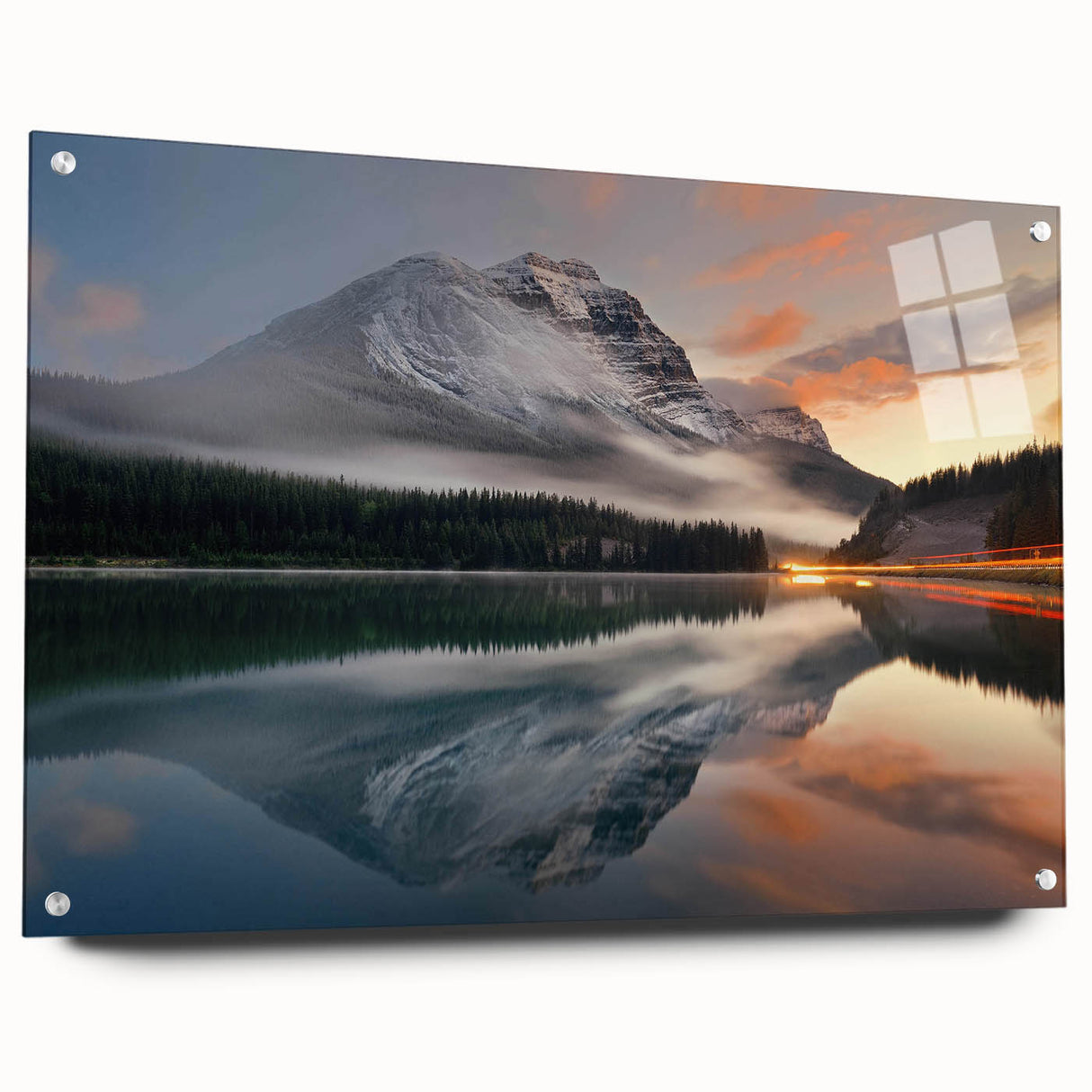 Acrylic glass wall art showcasing a serene misty landscape design, elegantly displayed from the side with decorative pins for mounting, ideal for modern decor.