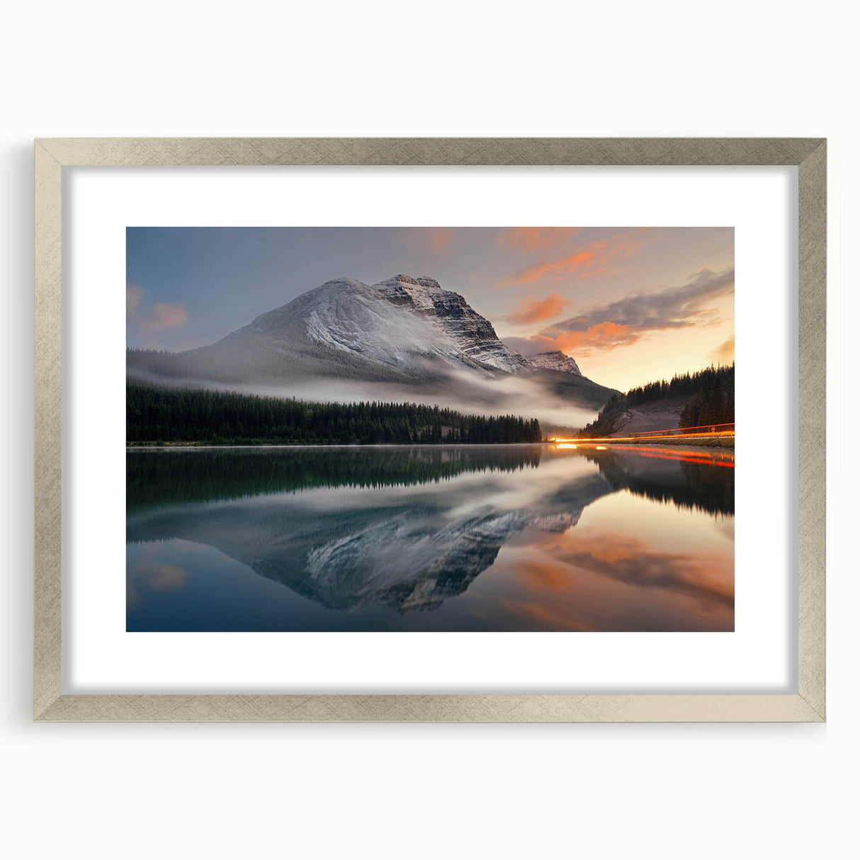 Framed wall art collection showcasing a serene landscape design with mist and fog, featuring a silver mat and sleek frame, ideal for modern home decor.