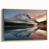 Framed canvas artwork depicting a serene landscape with mist and fog, featuring soft hues of gold and blue, perfect for modern home decor.