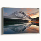 Framed canvas wall art featuring a serene misty landscape design in muted colors, elegantly showcasing a silver frame from a side view, perfect for home decor.