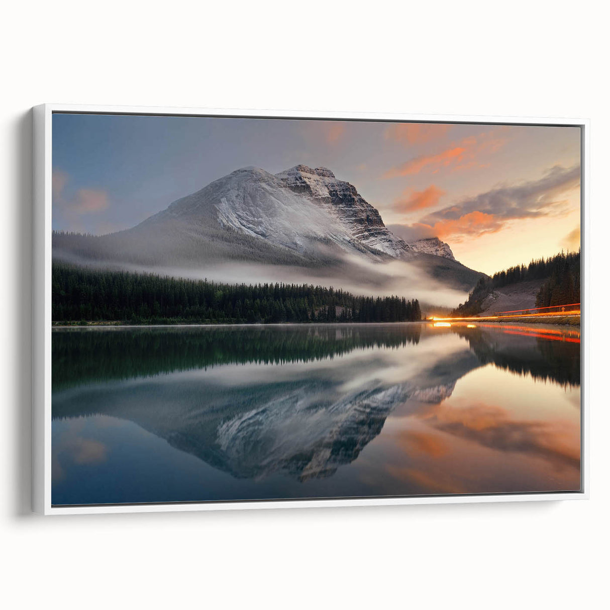 Framed canvas wall art collection showcasing serene landscapes with mist and fog, featuring soft color tones and a modern white frame, ideal for home decor.