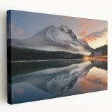 Stretched canvas wall art showcasing a serene misty landscape design, featuring soft grey and blue hues, ideal for enhancing modern home decor.