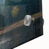 Close-up of a stunning acrylic glass wall art piece showcasing a misty landscape, featuring soft hues of blue and gray, perfect for modern home decor. This unique design adds a serene touch to any living space, enhancing ambiance and style.