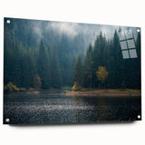 Acrylic glass wall art collection featuring a serene landscape design shrouded in mist, elegantly displayed from a side view with decorative pins. Ideal for enhancing modern home décor.