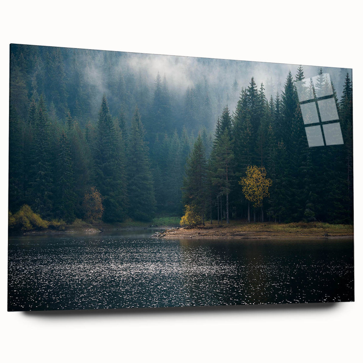 Acrylic wall art collection featuring a misty landscape design, showcasing soft fog and serene colors, side view without pins, ideal for modern decor.