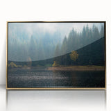 Framed acrylic wall art showcasing a misty landscape design in soft hues of gray and gold, ideal for enhancing modern home decor with a touch of elegance.