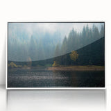 Framed acrylic wall art showcasing a misty landscape design in soft gray and white tones, perfect for modern home decor. Ideal for adding tranquility to living spaces.