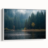 Framed canvas artwork showcasing a serene landscape design with mist and fog, featuring a white frame and side view perspective, perfect for modern home decor.