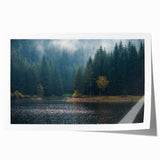 Mist-covered landscape wall art print featuring soft hues of blue and gray, showcasing serene natural scenery ideal for modern home decor. Perfect for adding tranquility to any space.