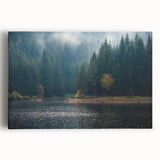 Stretched canvas artwork showcasing a tranquil landscape design enveloped in soft mist and fog, ideal for enhancing home décor with serene, nature-inspired aesthetics.