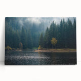 Stretched canvas wall art showcasing a serene landscape design enveloped in mist and fog, perfect for adding a tranquil ambiance to home decor.